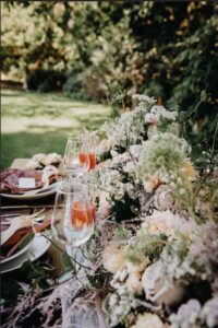 Flowers and food at the wedding venue.